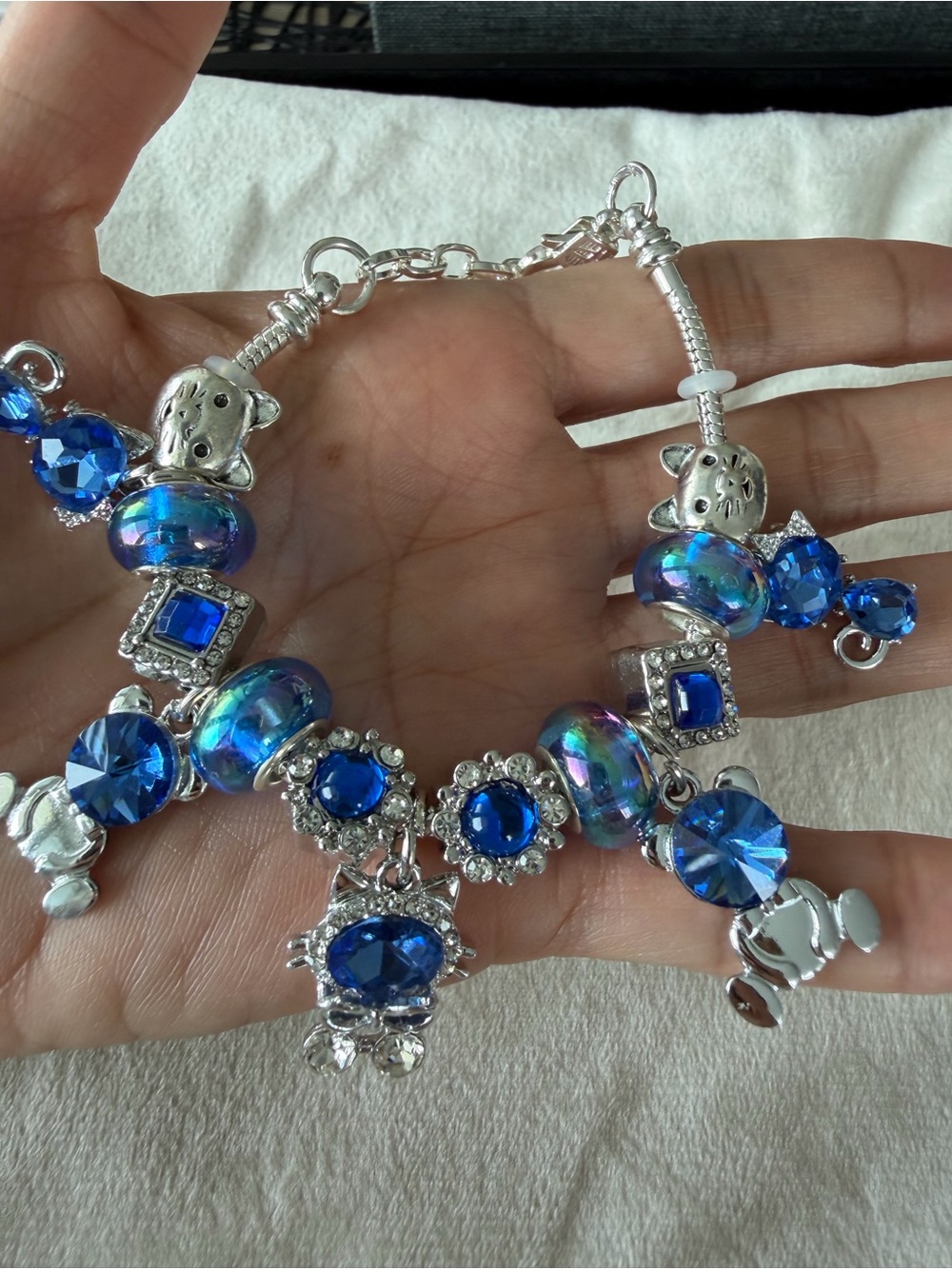 Blue Crystal Cat Charm Bracelet - Women Jewelry